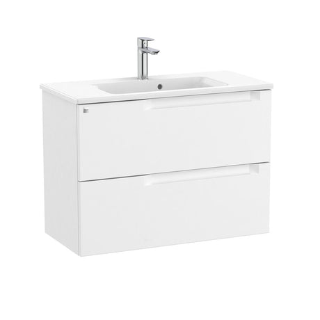 Roca Wall Mounted Vanity Unit Matt White Roca Aleyda Compact 800mm Wall Mounted Two Drawer Vanity Unit with Basin