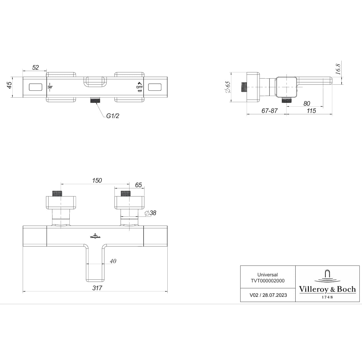 Villeroy & Boch Bath Shower Mixer Villeroy & Boch Universal Wall Mounted Thermostatic Square Bath and Shower Mixer Tap