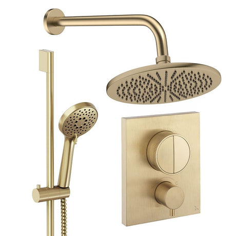 UK Bathroom Store Concealed Shower Set Brushed Brass / Wall Arm / 300mm Crosswater Crossbox Push Shower Set 2 - 2 Outlet with Fixed Overhead Shower and Slide Rail Kit