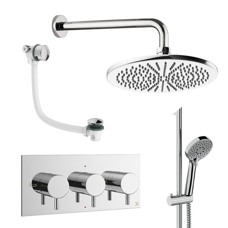 Crosswater Concealed Shower Set Chrome / Wall Arm / 300mm Crosswater Design 3 Handle 3 Outlet Shower Set 9 with Slide Rail Kit, Rainfall Head and Overflow Bath Filler