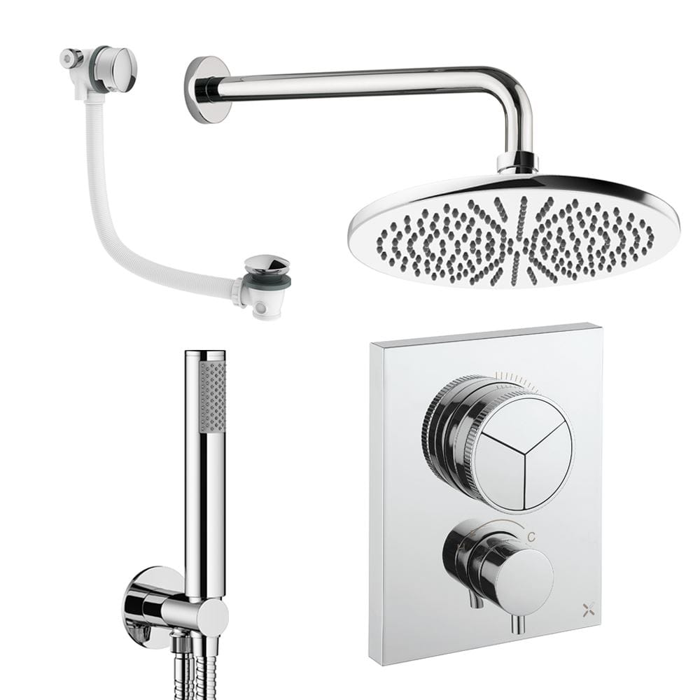 UK Bathroom Store Concealed Shower Set Chrome / Wall Arm / 300mm Crosswater Crossbox Push Shower Set 7 - 3 Outlet with Fixed Overhead Shower, Pencil Handset and Overflow Bath Filler Waste