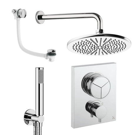 UK Bathroom Store Concealed Shower Set Chrome / Wall Arm / 300mm Crosswater Crossbox Push Shower Set 7 - 3 Outlet with Fixed Overhead Shower, Pencil Handset and Overflow Bath Filler Waste