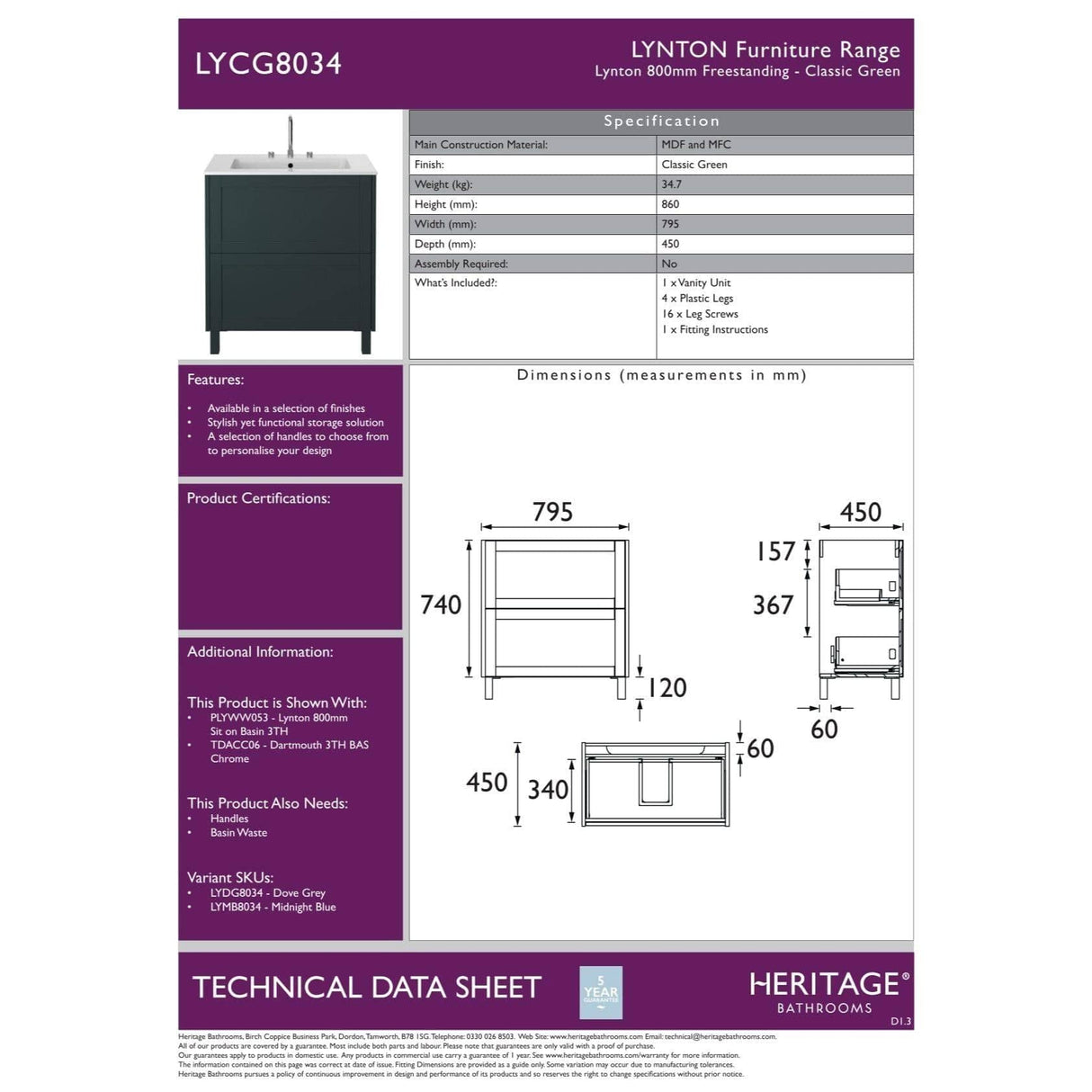 Heritage Floor Standing Vanity Unit Heritage Lynton 800mm Floor Standing Unit with Basin