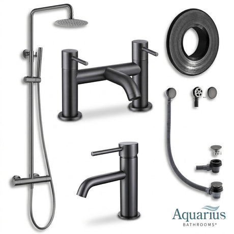 Aquarius Bathrooms Exposed Shower Set Gun Metal Grey Aquarius RF-Series Complete Shower Brassware Pack with Basin Mixer, Bath Mixer & Exposed Shower