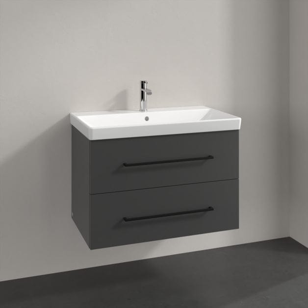 Villeroy & Boch Wall Mounted Vanity Unit Graphite with Black Handles Villeroy & Boch Avento Wall Hung Vanity Unit 780mm Two Drawers with Basin