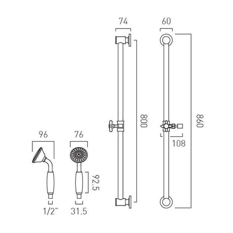 Vado Shower Riser Rail Booth & Co. Axbridge Shower Slide Rail with Single Function Handset and Hose