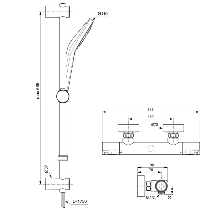 Ideal Standard Exposed Shower Set Ideal Standard Ceratherm T50 Exposed Thermostatic Shower Valve Set with Adjustable Riser and Handset in Chrome