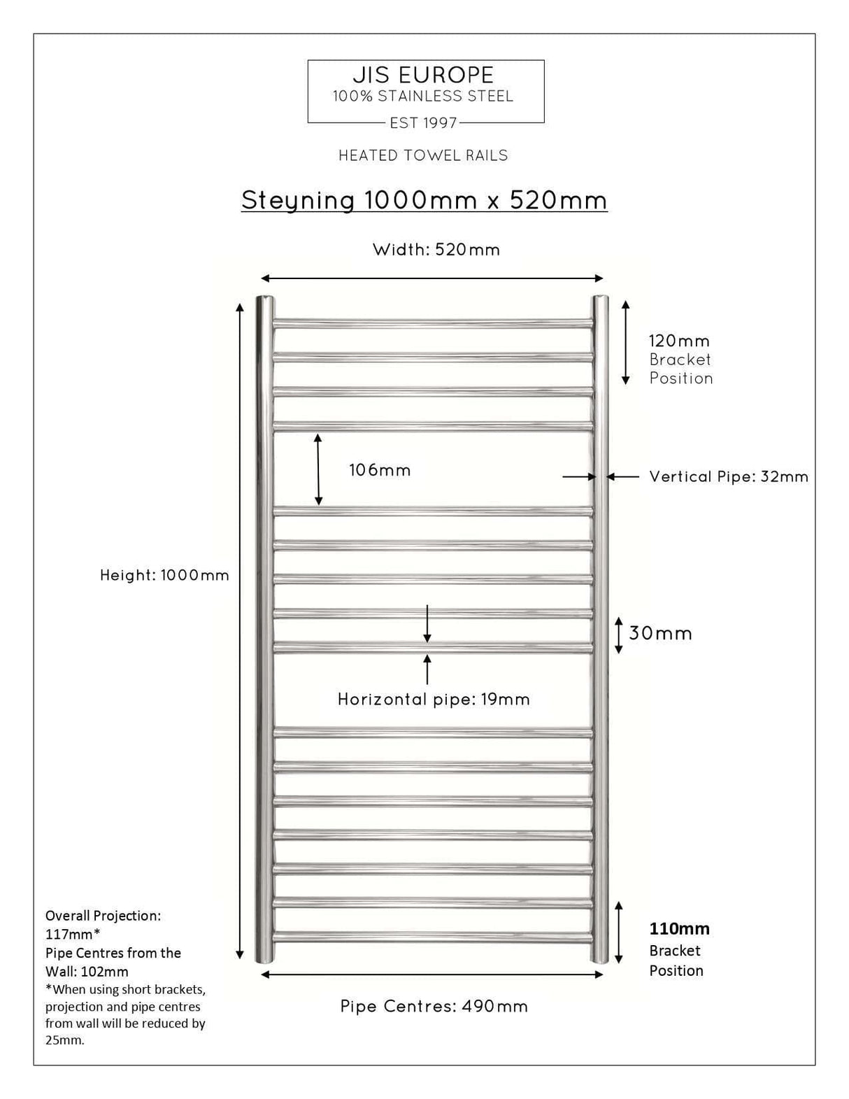 JIS Ladder Rail JIS Sussex Steyning Vertical Stainless Steel Heated Towel Rail