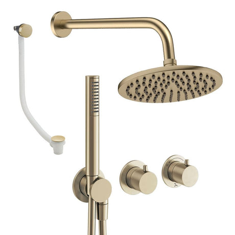 UK Bathroom Store Concealed Shower Set Brushed Brass / Wall Arm / 200mm Crosswater Module Shower Set 9 - 3 Outlet with Pencil Handset, Overhead Shower and Overflow Filler