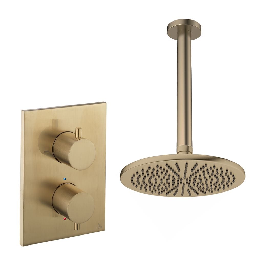 UK Bathroom Store Concealed Shower Set Brushed Brass / Ceiling Arm / 300mm Crosswater Crossbox Shower Set 1 - 1 Outlet with Fixed Overhead Shower