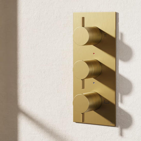 Crosswater Concealed Shower Valve Brushed Brass Crosswater MPRO 2 Outlet, 3 Handle Portrait Concealed Thermostatic Shower Valve