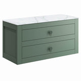 Crosswater Wall Mounted Vanity Unit Sage Green / 910 x 460mm Crosswater Canvass Vanity Unit with White Carrara Marble Effect Worktop