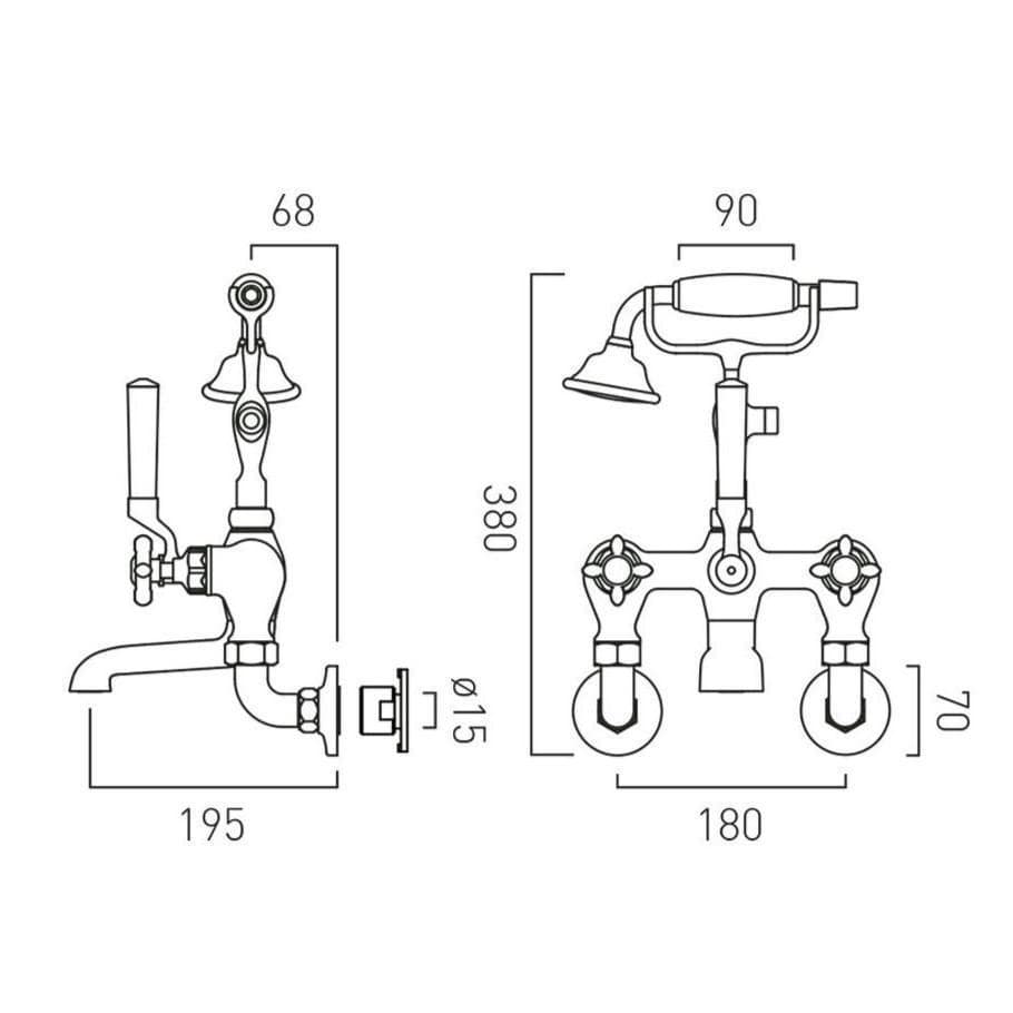 Vado Bath Shower Mixer Booth & Co. Axbridge Crosshead Wall Mounted Bath Shower Mixer with Traditional Shower Handset
