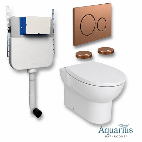 Aquarius Bathrooms Back To Wall Toilet Brushed Bronze / Round Aquarius Urbano Rimless Back to Wall Toilet Pack with Cistern, Flush Plate, Soft Closing Seat and Hinge Covers