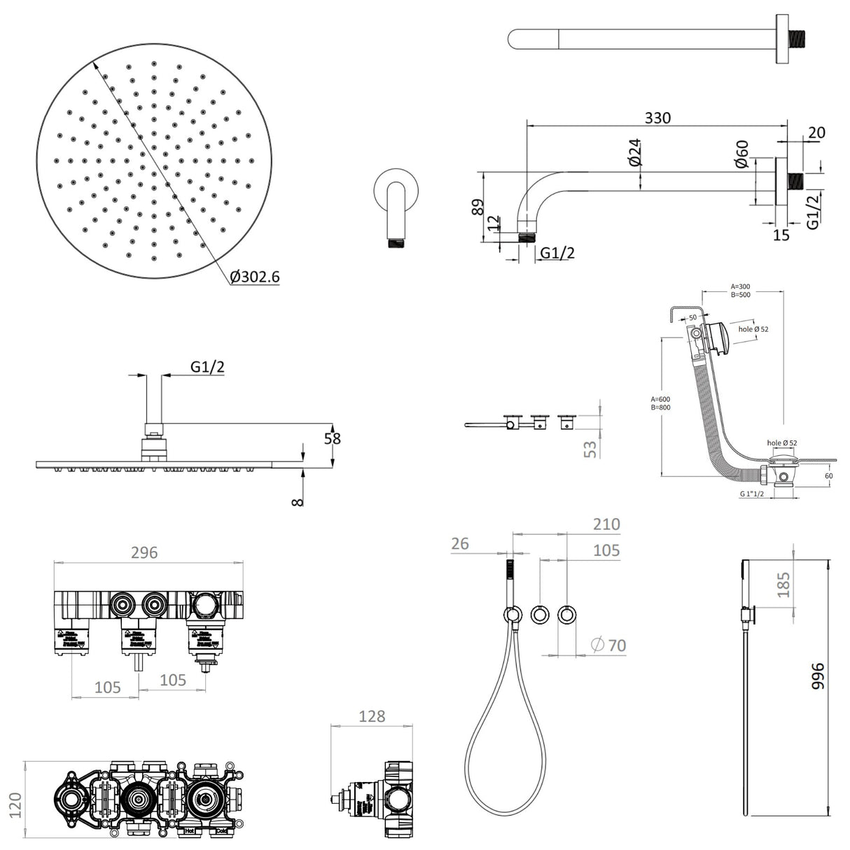 UK Bathroom Store Concealed Shower Set Crosswater Module Shower Set 9 - 3 Outlet with Pencil Handset, Overhead Shower and Overflow Filler