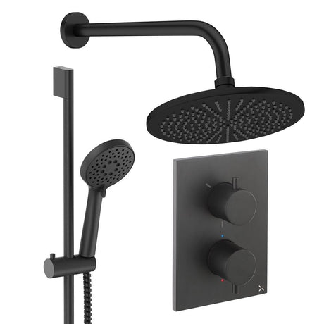 UK Bathroom Store Concealed Shower Set Matt Black / Wall Arm / 300mm Crosswater Crossbox Shower Set 4 - 2 Outlet with Riser Rail Kit and Fixed Overhead Showerhead