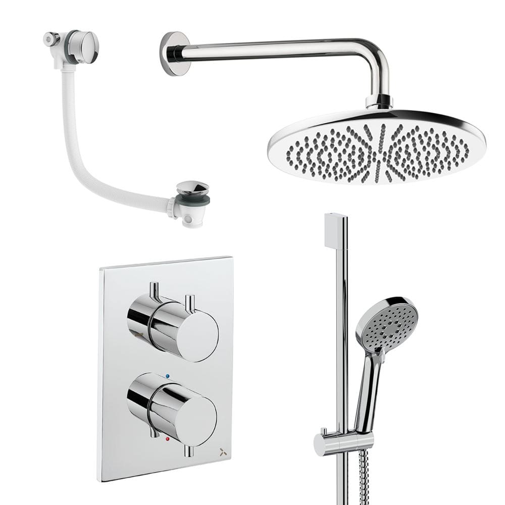 UK Bathroom Store Concealed Shower Set Chrome / Wall Arm / 300mm Crosswater Crossbox Shower Set 10 - 3 Outlet with Fixed Overhead Shower, Slide Rail Kit and Overflow Bath Filler Waste