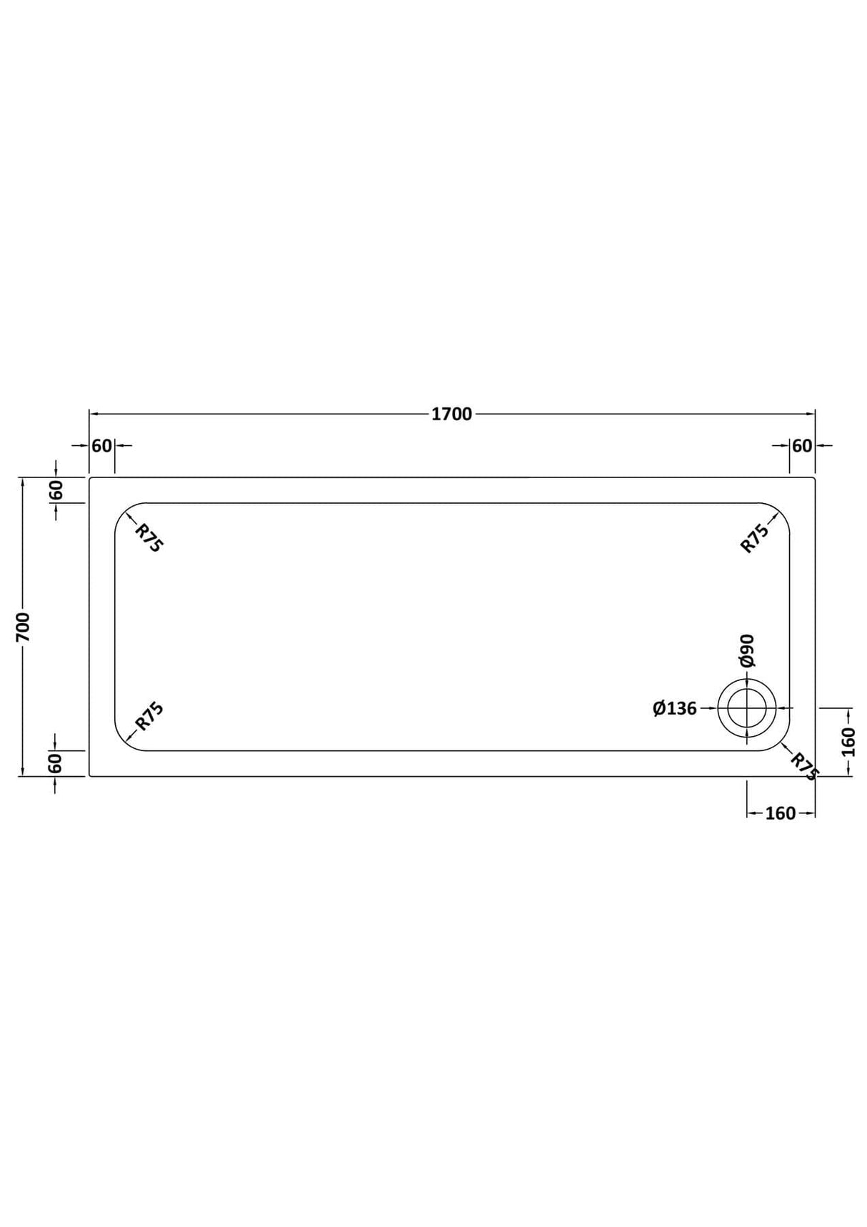 Aquarius Bathrooms Rectangle Shower Tray 1700x700mm Aquarius Urbano Rectangular 45mm Stone Resin Shower Tray in White