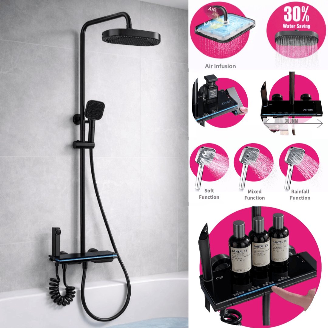 Sagittarius Exposed Shower Set Sagittarius Storm 4 Outlet Thermostatic Shower Set with Bath Filler and LED Temperature Display