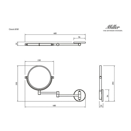 Miller Cosmetic and Shaving Mirror Miller Signature Wall Mounted Round Extendable Magnifying Mirror