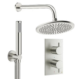 Crosswater Concealed Shower Set Brushed Nickel / Wall Arm / 300mm Crosswater Design 2 Handle 2 Outlet Thermostatic Shower Set with Rainfall Head and Pencil Handset