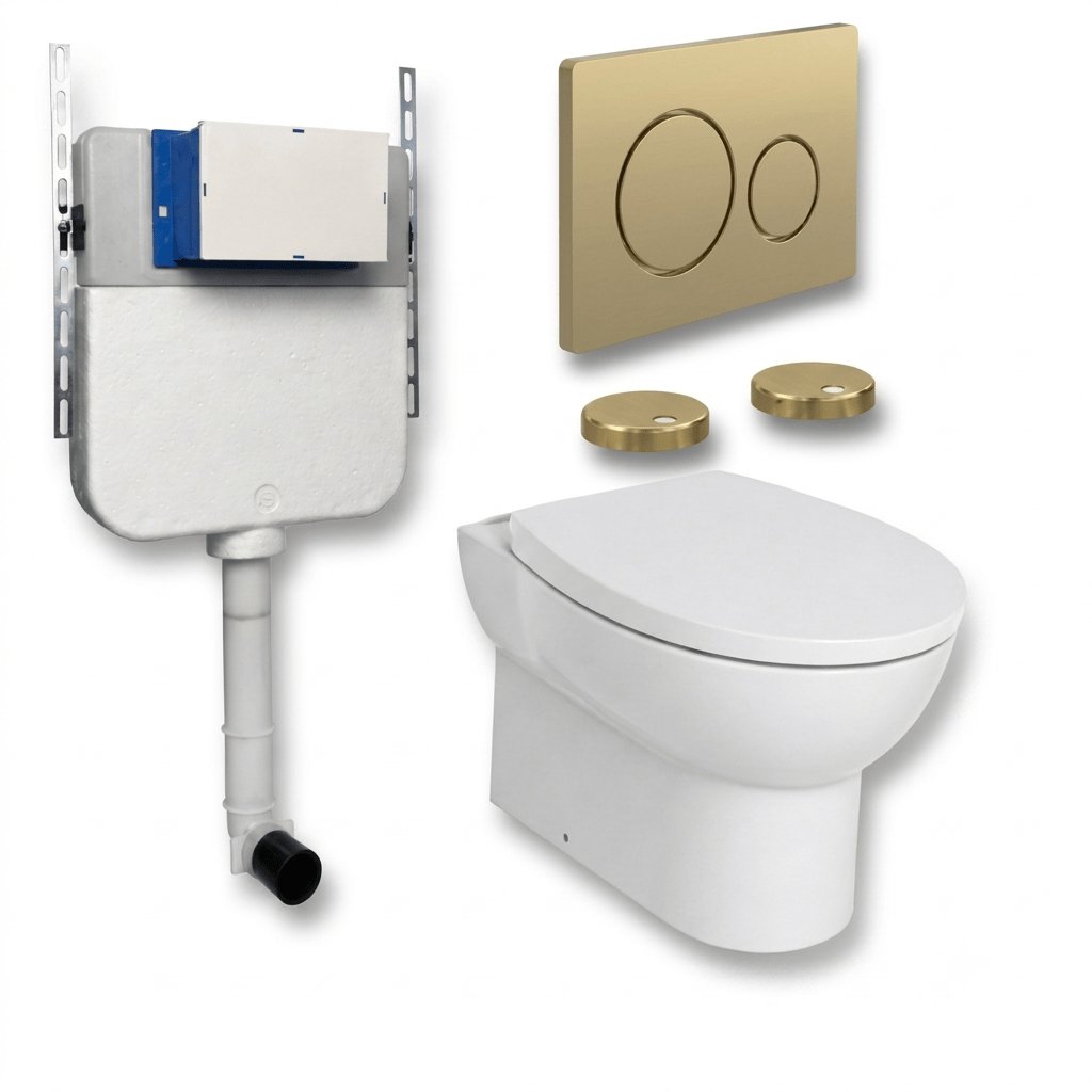 Aquarius Bathrooms Back To Wall Toilet Brushed Brass / Round Aquarius Urbano Rimless Back to Wall Toilet Pack with Cistern, Flush Plate, Soft Closing Seat and Hinge Covers