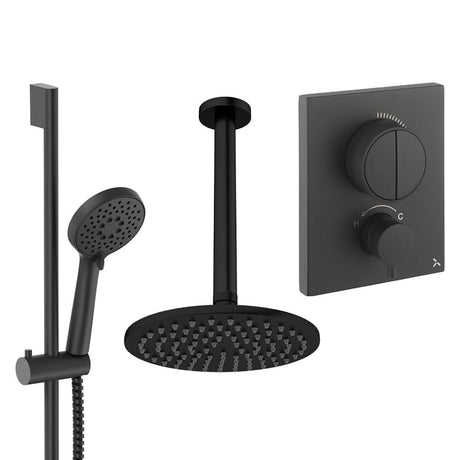 UK Bathroom Store Concealed Shower Set Matt Black / Ceiling Arm / 200mm Crosswater Crossbox Push Shower Set 2 - 2 Outlet with Fixed Overhead Shower and Slide Rail Kit