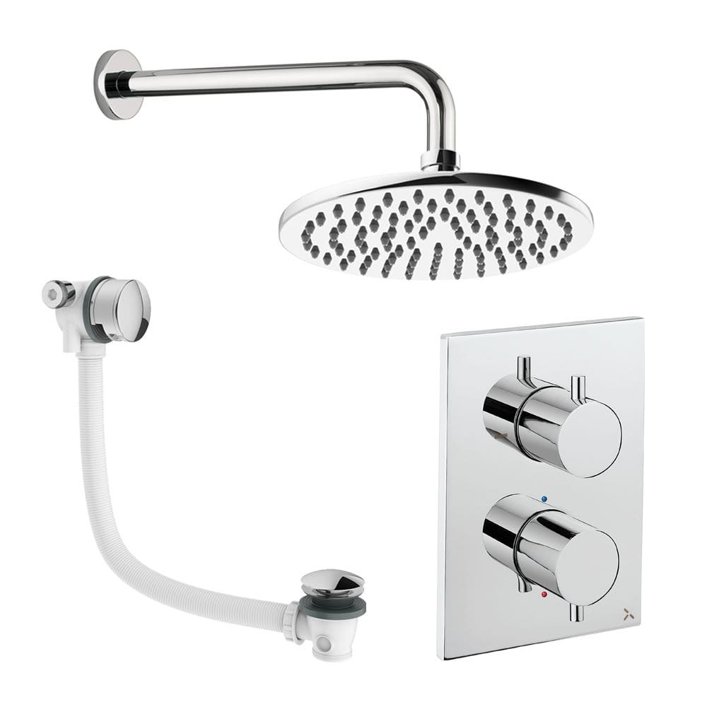 UK Bathroom Store Concealed Shower Set Chrome / Wall Arm / 200mm Crosswater Crossbox Shower Set 7 - 2 Outlet with Fixed Overhead Shower and Overflow Bath Filler Waste