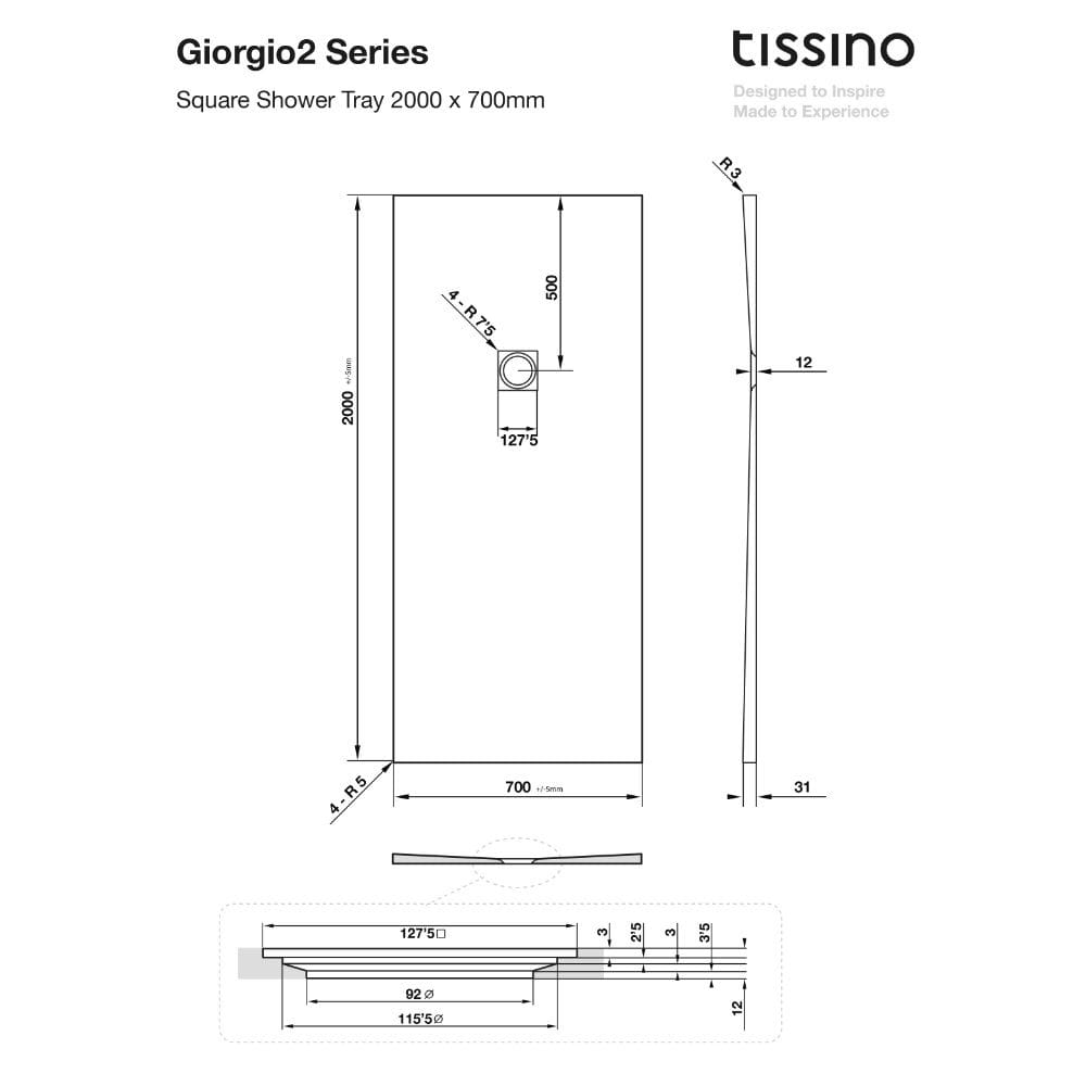 Tissino Rectangle Shower Tray Tissino Giorgio2 Rectangle Shower Tray in White Slate
