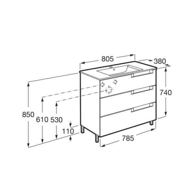 Roca Wall Mounted Vanity Unit Roca Aleyda Compact 800mm Floor Standing Three Drawer Vanity Unit with Basin