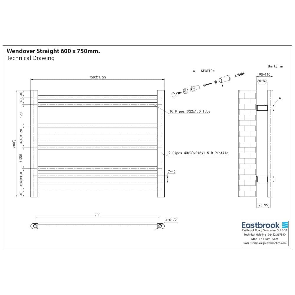 Eastbrook Ladder Rail Eastbrook Wendover Straight Horizontal Heated Towel Rail - 600mm x 750 - Chrome - Electric Only