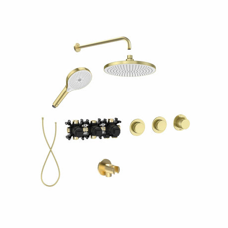 Roca Concealed Shower Set Brushed Brass Roca T-Multi Switch Thermostatic Concealed Shower Valve with Rainshower Head, Shower Handset and  Hose