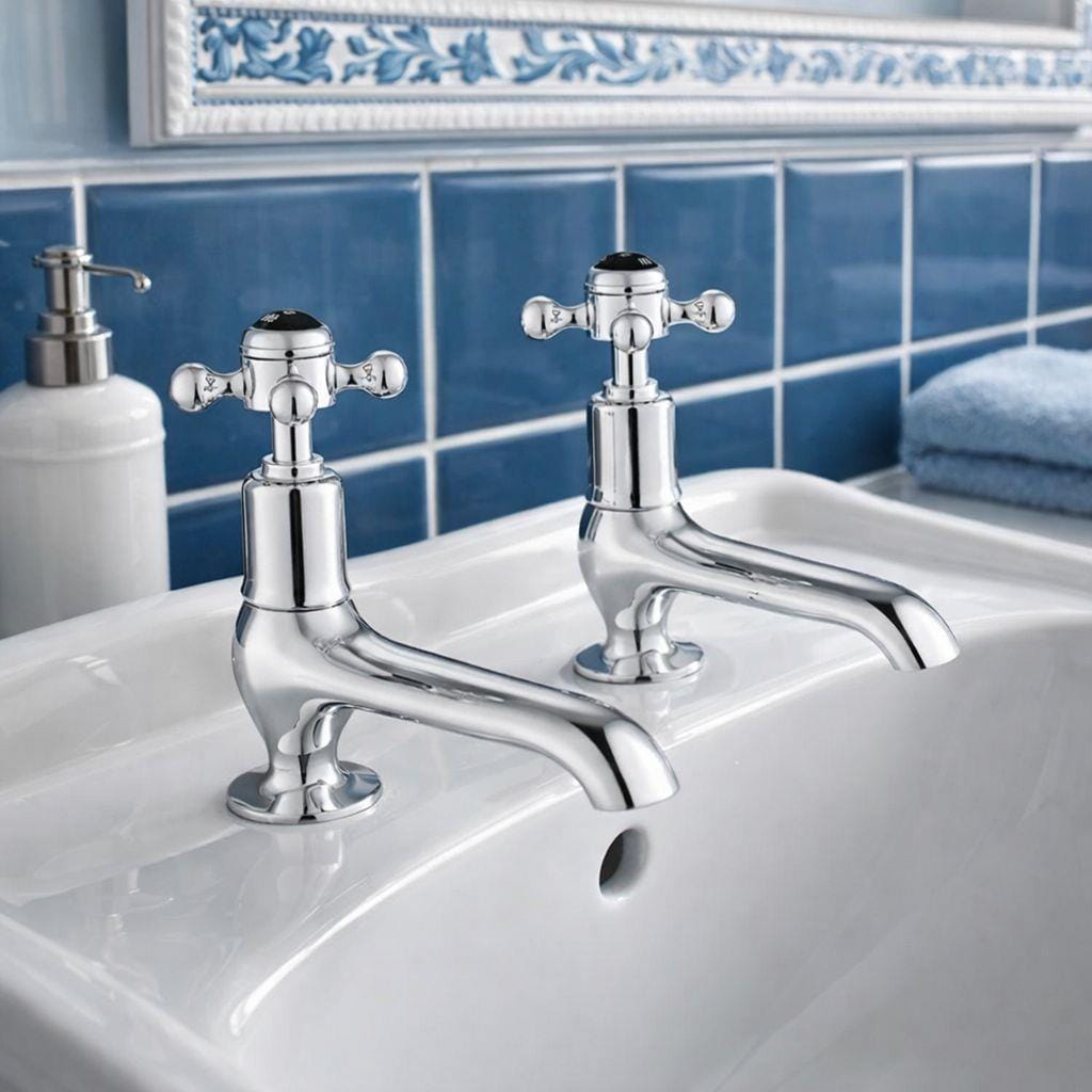 JTP Pillar Basin Tap Chrome with Black Indices JTP Grosvenor Cross Long Nose Basin Pillar Taps (Pair)