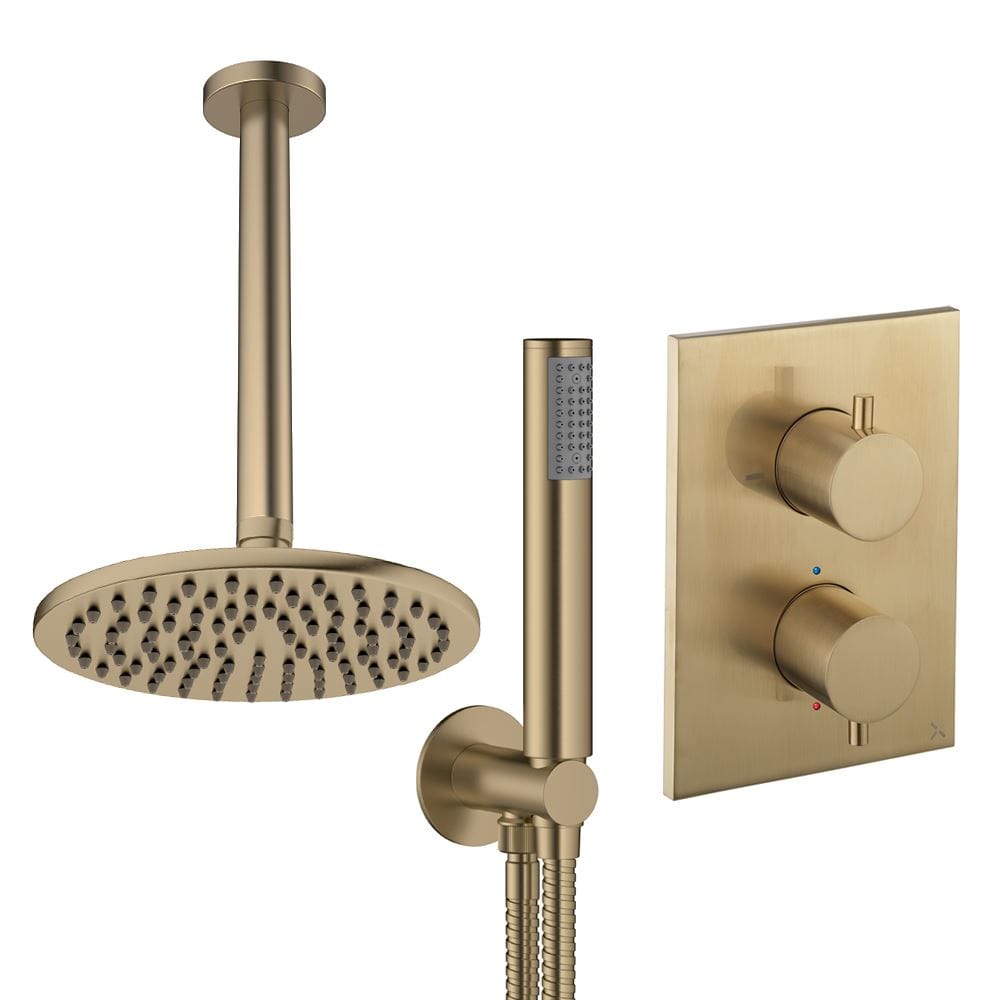UK Bathroom Store Concealed Shower Set Brushed Brass / Ceiling Arm / 200mm Crosswater Crossbox Shower Set 3 - 2 Outlet with Pencil Handset and Fixed Overhead Shower