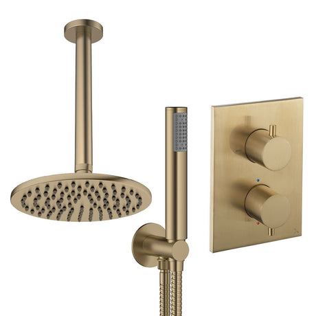 UK Bathroom Store Concealed Shower Set Brushed Brass / Ceiling Arm / 200mm Crosswater Crossbox Shower Set 3 - 2 Outlet with Pencil Handset and Fixed Overhead Shower