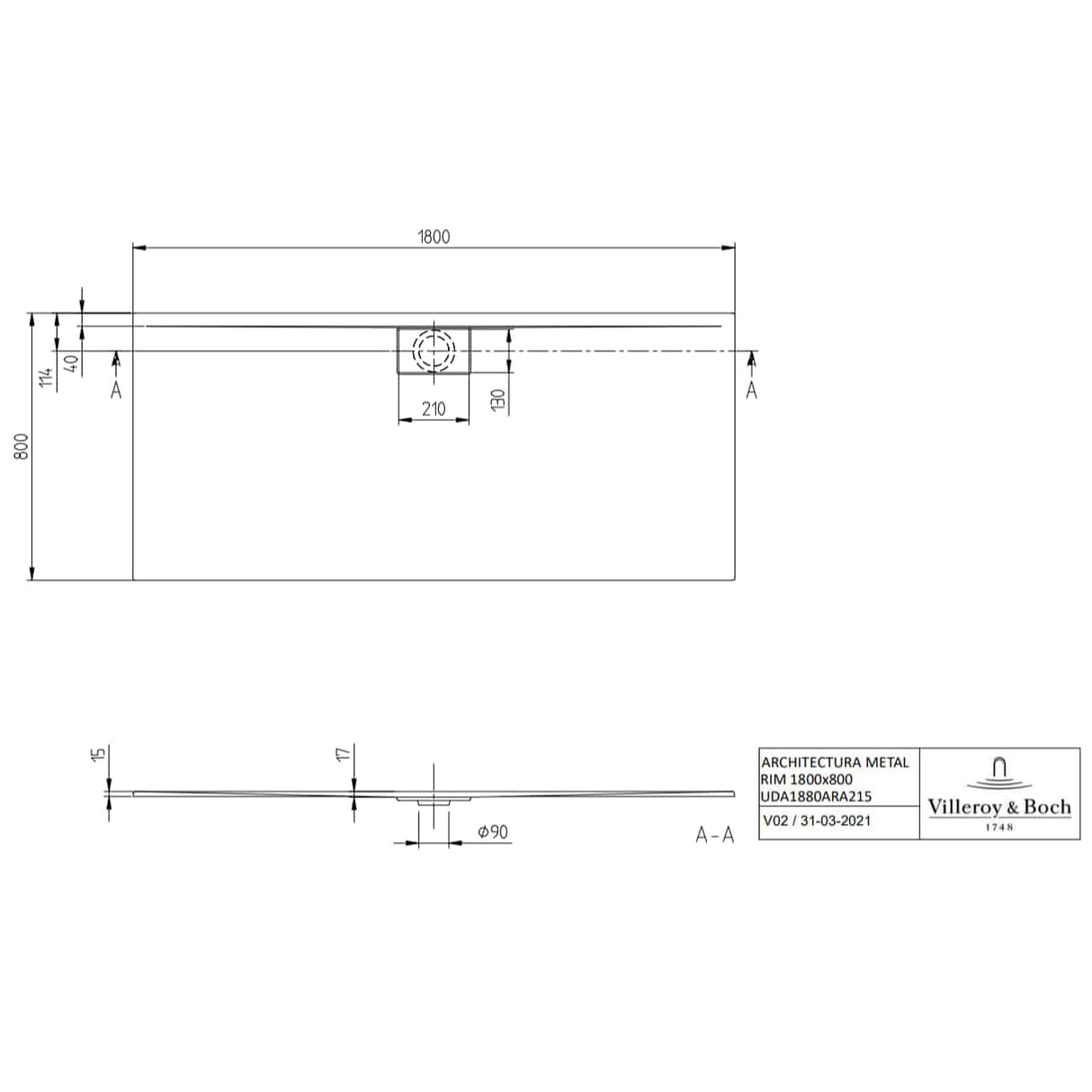 Villeroy & Boch Rectangle Shower Tray Villeroy & Boch Architectura Metalrim Rectangular Shower Tray in Alpin White