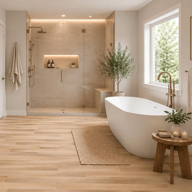Aquarius Bathrooms Click Flooring Aquarius Palermo Vinyl Wood Click Flooring in Neutral Oak | 100% Waterproof | SPC Rigid Core | Built-In Underlay