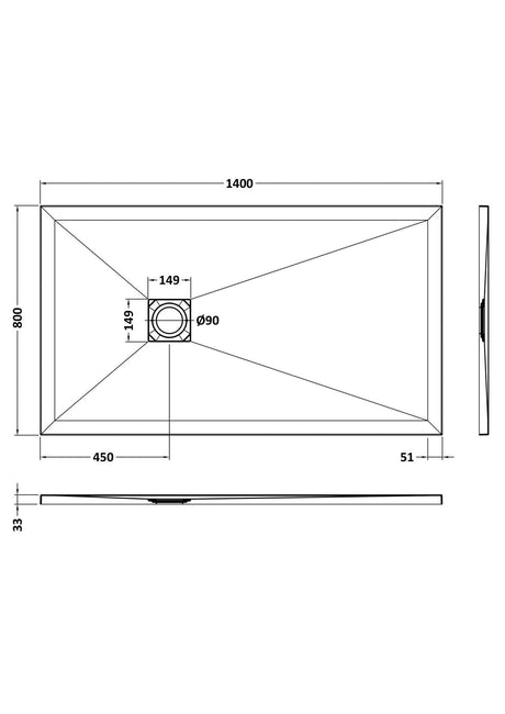 UK Bathroom Store Rectangle Shower Tray 1400x800mm Aquarius Urbano Slimline 33mm Slate Effect Rectangular Stone Resin Shower Tray in Black Slate