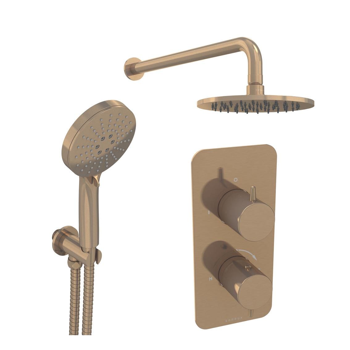 Saneux Shower Set Brushed Bronze Saneux Eden 2 Outlet, 2 Handle Concealed Shower Valve Kit with 3 Function Handset and 200mm Shower Head