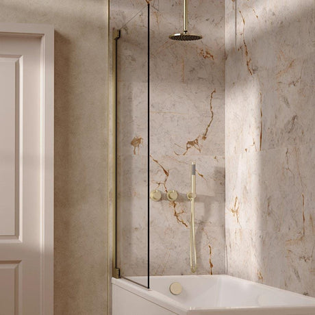UK Bathroom Store Concealed Shower Set Brushed Brass / Ceiling Arm / 200mm Crosswater Module Shower Set 6 - 3 Outlet with Overhead Shower, Handset and Overflow Bath Filler