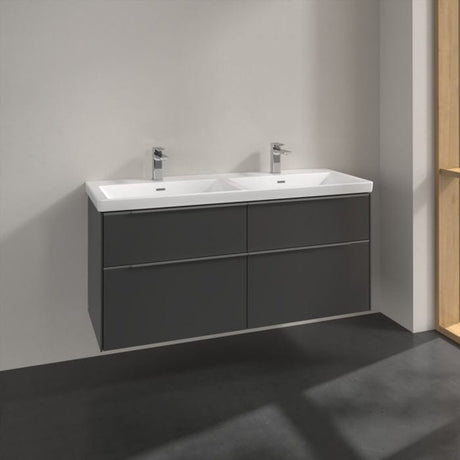 Villeroy & Boch Wall Mounted Vanity Unit Graphite with Chrome Handles Villeroy & Boch Subway 3.0 Wall Hung 1200mm Four Drawer Double Vanity Unit with Basin