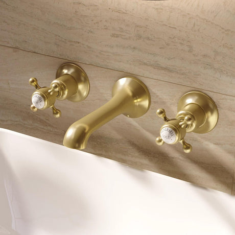 Crosswater Wall Mounted Basin Tap Brushed Brass Crosswater Belgravia 3 Hole Wall Mounted Basin Mixer Tap with Crosshead Handle