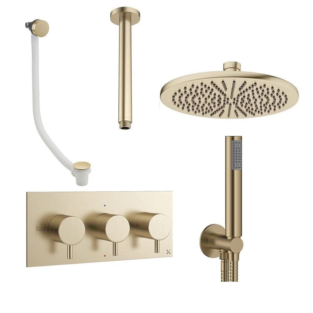 Crosswater Concealed Shower Set Brushed Brass / Ceiling Arm / 300mm Crosswater Design 3 Handle 3 Outlet Shower and Bath Filler Set 8