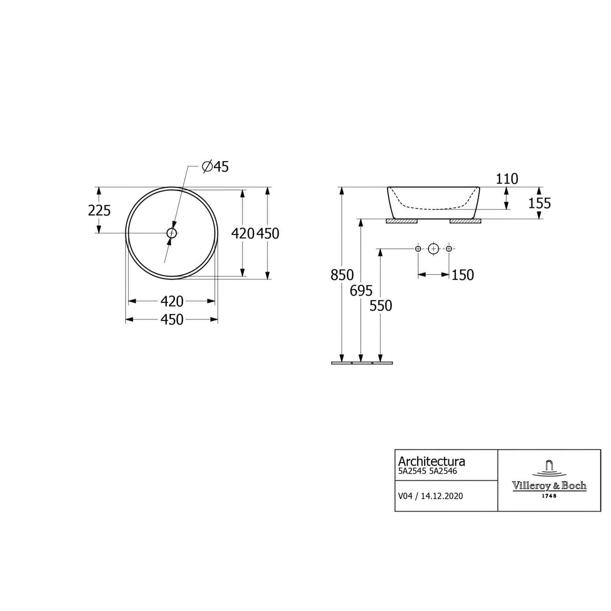 Villeroy & Boch Countertop Basin Villeroy & Boch Architectura Round 450mm Countertop Basin (with Overflow) in Alpin White