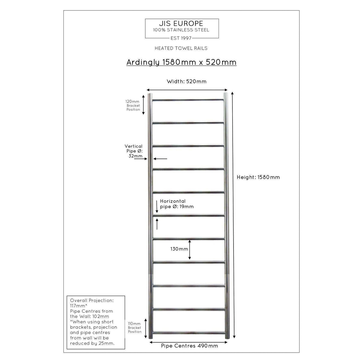 JIS Ladder Rail JIS Sussex Ardingly Vertical Stainless Steel Heated Towel Rail