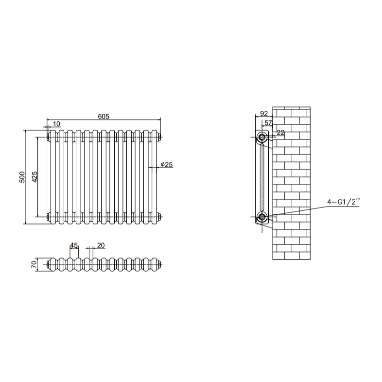 Aquarius Bathrooms Column Radiator Aquarius Foundry Horizontal 2 Column Radiator in White