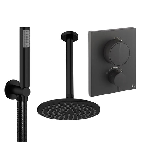 UK Bathroom Store Concealed Shower Set Matt Black / Ceiling Arm / 200mm Crosswater Crossbox Push Shower Set 1 - 2 Outlet with Fixed Overhead Shower and Pencil Handset