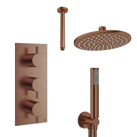Crosswater Concealed Shower Set Brushed Bronze / Ceiling Arm / 200mm Crosswater Design 3 Handle 2 Outlet Shower Set 7 with Pencil Handset and Rainfall Shower Head