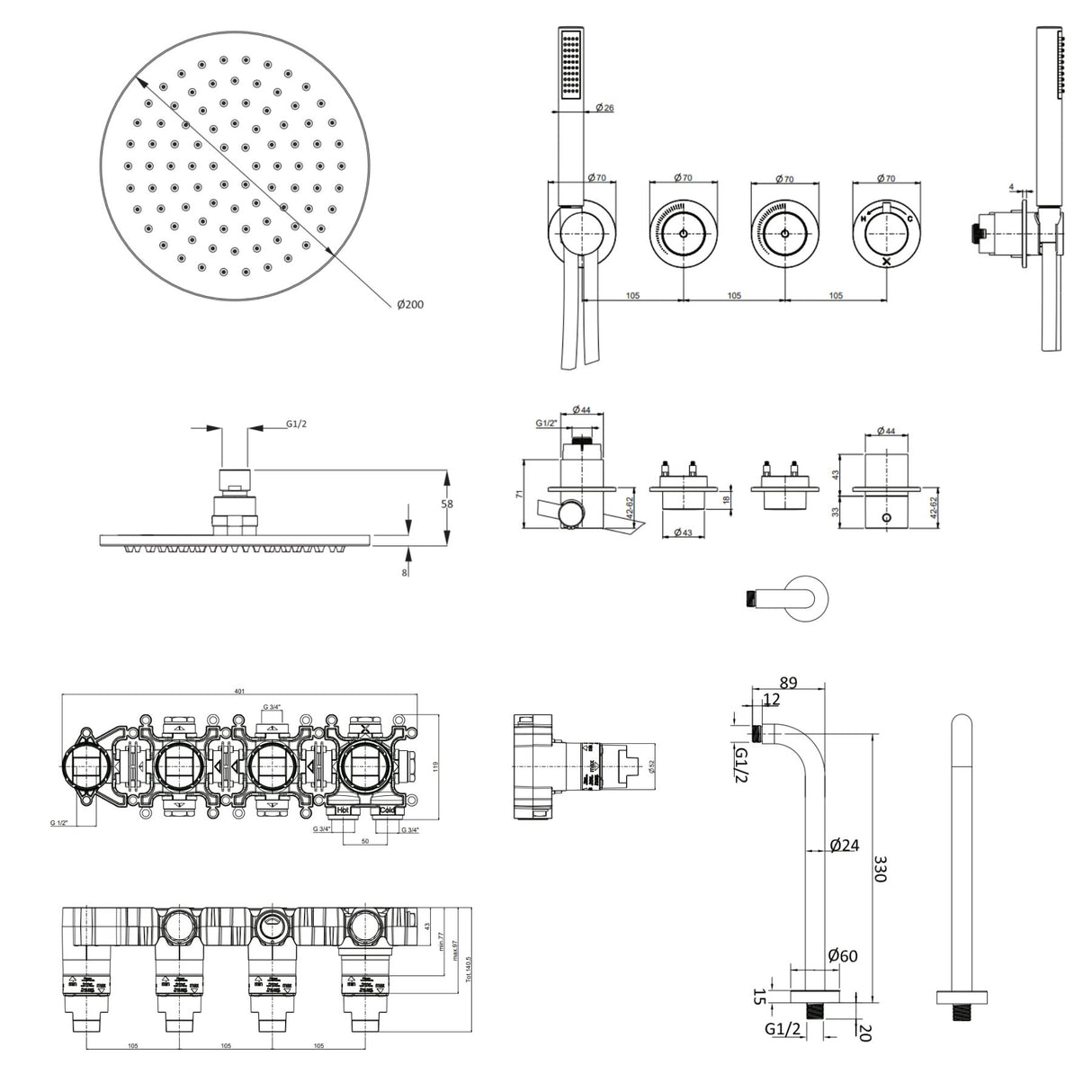 UK Bathroom Store Concealed Shower Set Crosswater Module Shower Set 8 - 2 Outlet with Pencil Handset and Overhead Shower