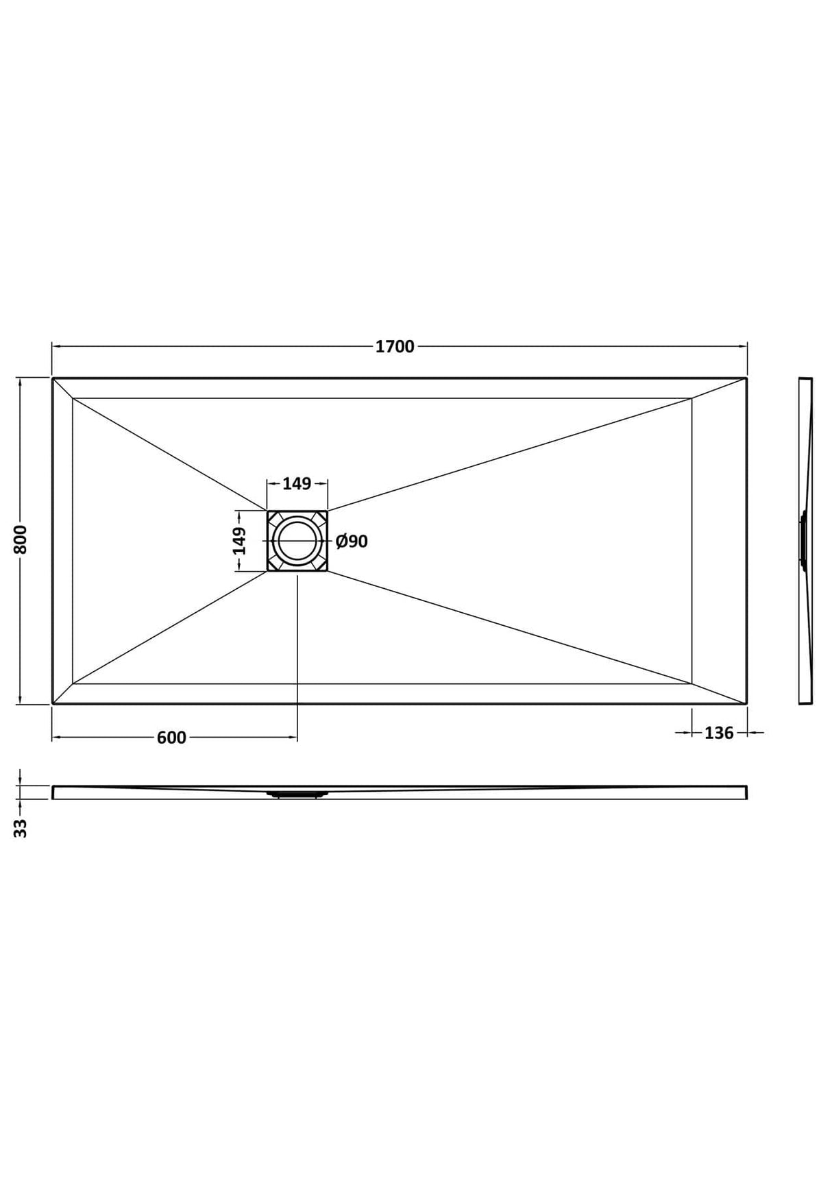 UK Bathroom Store Rectangle Shower Tray 1700x800mm Aquarius Urbano Slimline 33mm Slate Effect Rectangular Stone Resin Shower Tray in Black Slate